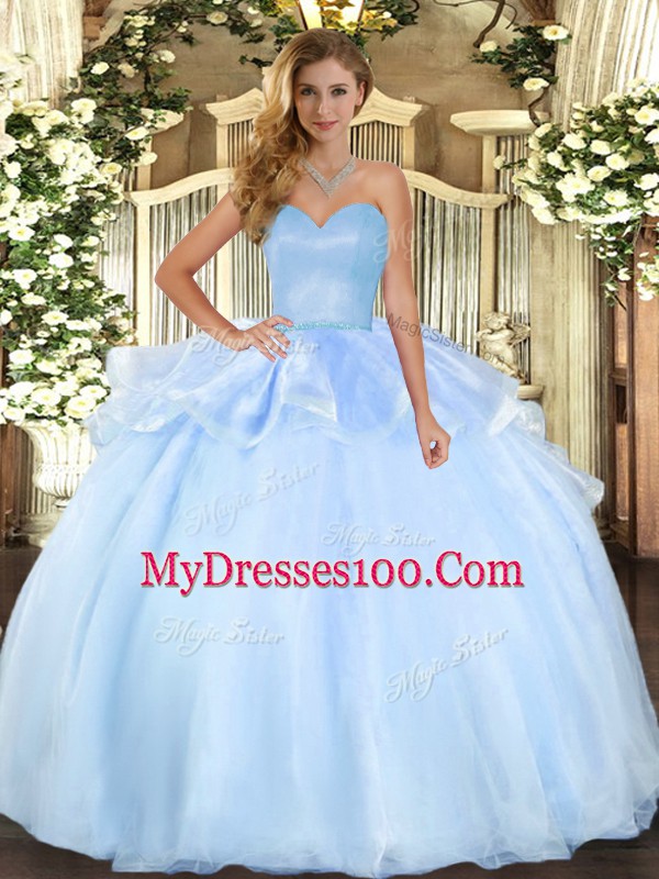Affordable Light Blue Lace Up Sweetheart Beading and Ruffles Ball Gown Prom Dress Organza Sleeveless