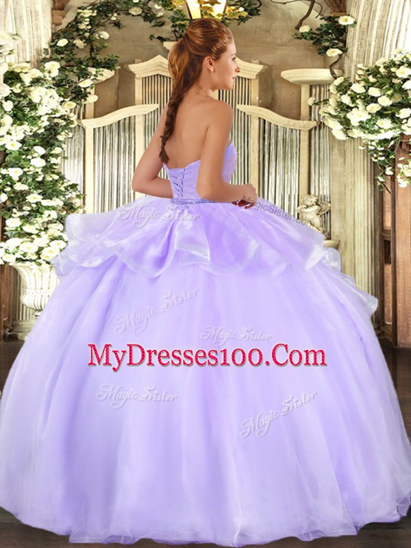 Affordable Light Blue Lace Up Sweetheart Beading and Ruffles Ball Gown Prom Dress Organza Sleeveless