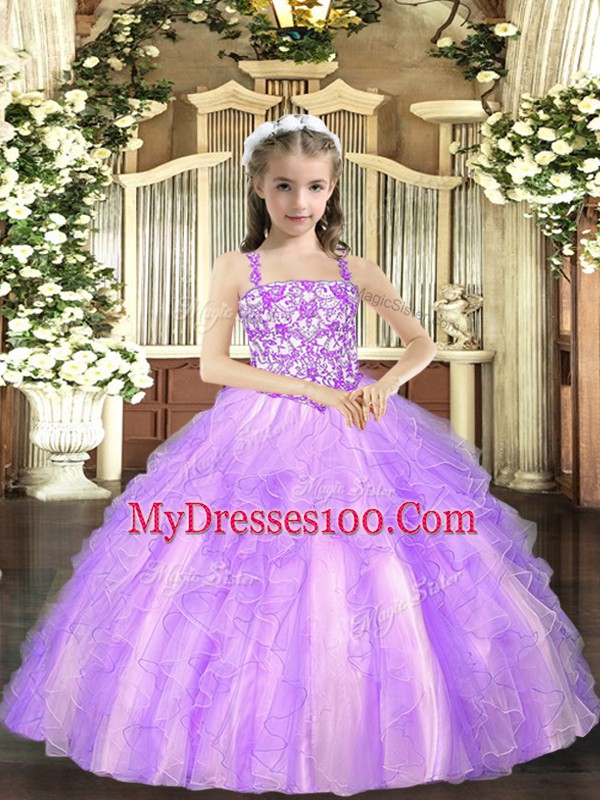 Dramatic Lavender Ball Gowns Straps Sleeveless Tulle Floor Length Lace Up Beading and Ruffles Kids Formal Wear