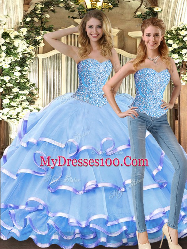 Fitting Floor Length Lace Up Vestidos de Quinceanera Baby Blue for Military Ball and Sweet 16 and Quinceanera with Beading and Ruffled Layers