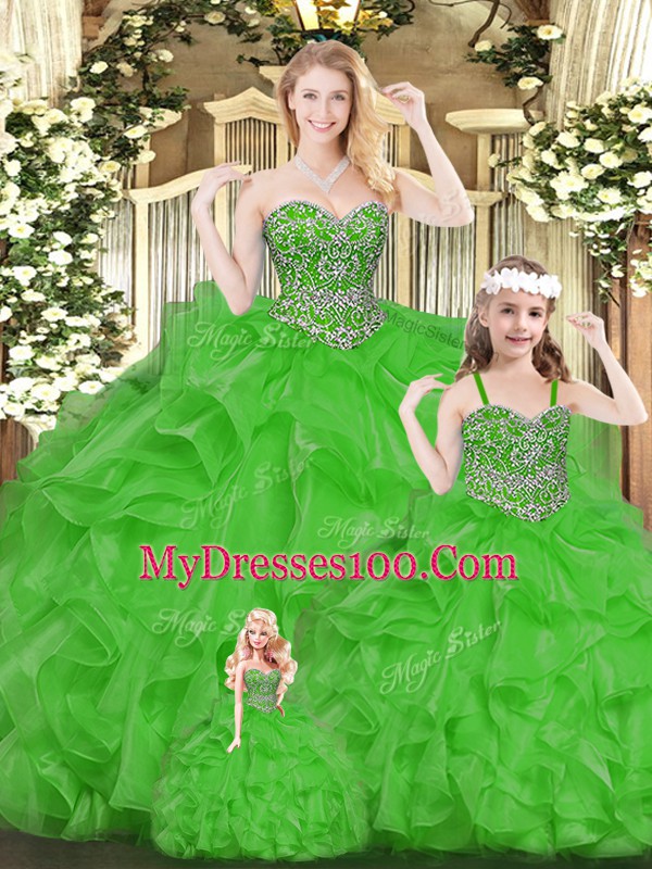 Elegant Green Ball Gowns Organza Sweetheart Sleeveless Beading and Ruffles Floor Length Lace Up Quinceanera Dress