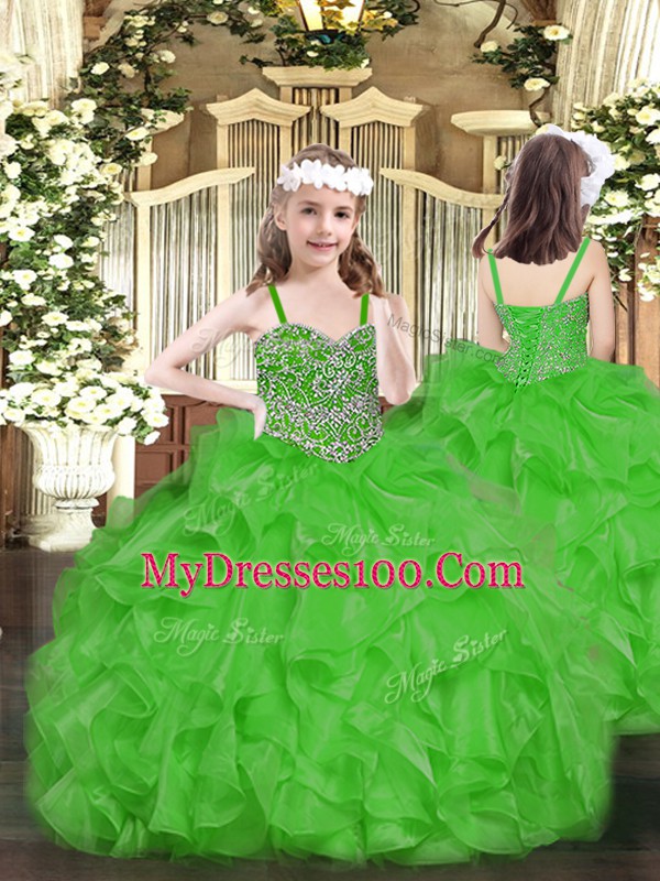 Elegant Green Ball Gowns Organza Sweetheart Sleeveless Beading and Ruffles Floor Length Lace Up Quinceanera Dress