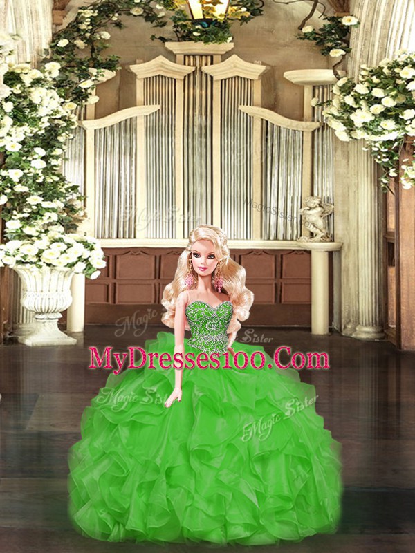 Elegant Green Ball Gowns Organza Sweetheart Sleeveless Beading and Ruffles Floor Length Lace Up Quinceanera Dress