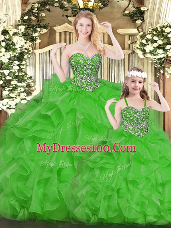 Elegant Green Ball Gowns Organza Sweetheart Sleeveless Beading and Ruffles Floor Length Lace Up Quinceanera Dress