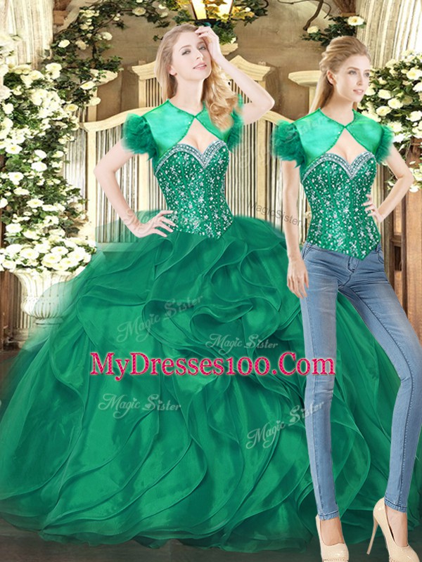 Dark Green Ball Gowns Sweetheart Sleeveless Tulle Floor Length Lace Up Beading and Ruffles Sweet 16 Dresses
