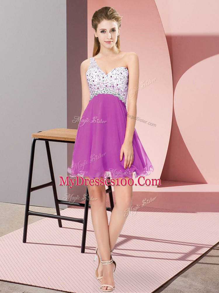 New Style Chiffon One Shoulder Sleeveless Criss Cross Beading Club Wear in Fuchsia