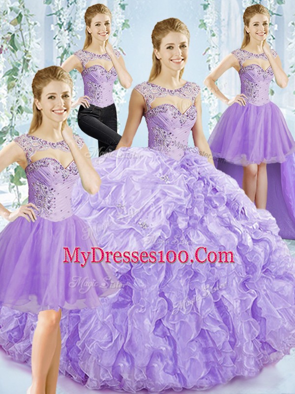 Fantastic Lavender Ball Gowns Organza Sweetheart Sleeveless Beading and Ruffled Layers Lace Up Quinceanera Gown Brush Train