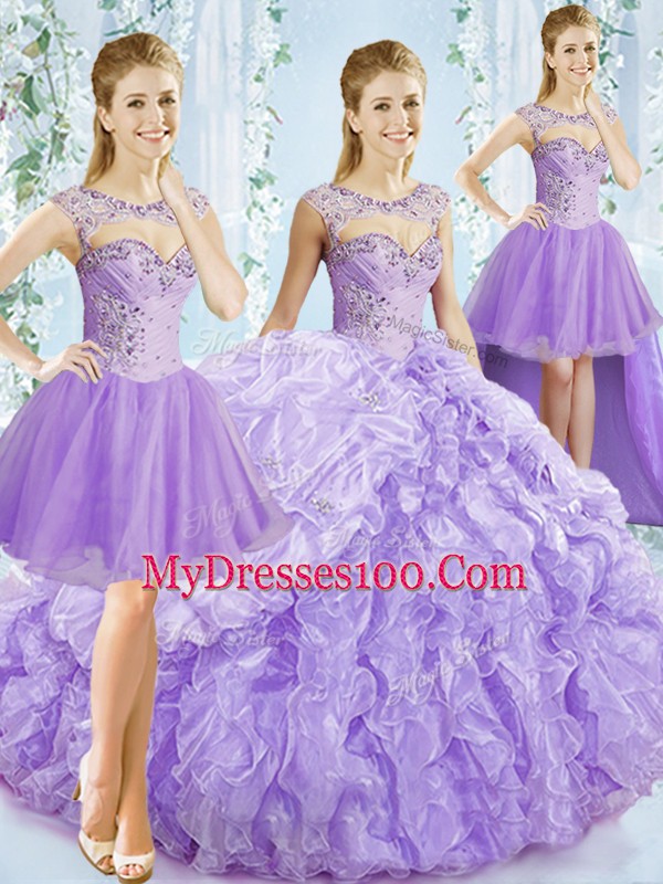 Fantastic Lavender Ball Gowns Organza Sweetheart Sleeveless Beading and Ruffled Layers Lace Up Quinceanera Gown Brush Train