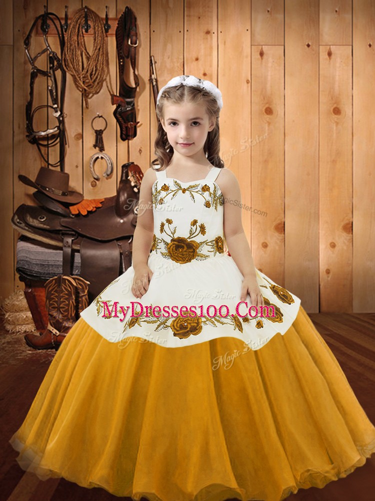 Unique Floor Length Lace Up Little Girl Pageant Dress Gold for Sweet 16 and Quinceanera with Embroidery