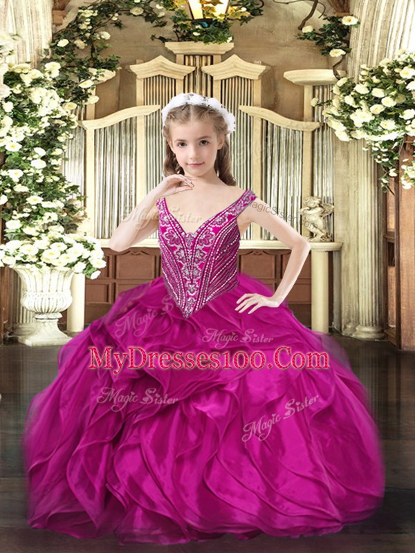 Fantastic Floor Length Lace Up Girls Pageant Dresses Fuchsia for Party and Quinceanera with Beading and Ruffles