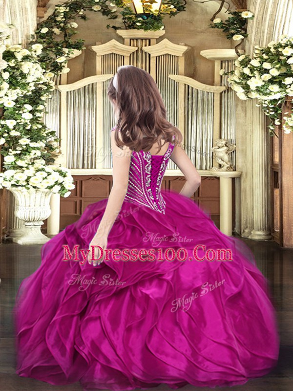 Fantastic Floor Length Lace Up Girls Pageant Dresses Fuchsia for Party and Quinceanera with Beading and Ruffles