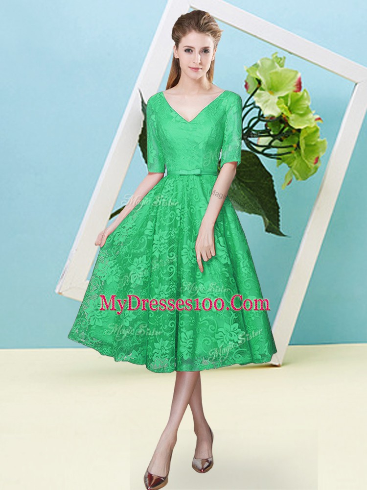 Turquoise Lace Up Bridesmaid Dress Bowknot Half Sleeves Tea Length