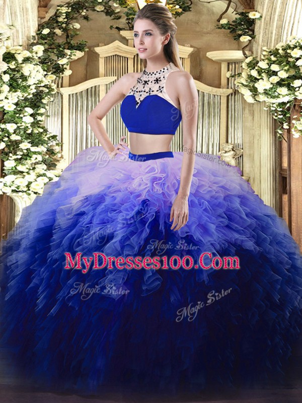 Most Popular Multi-color Sleeveless Tulle Backless Ball Gown Prom Dress for Military Ball and Sweet 16 and Quinceanera