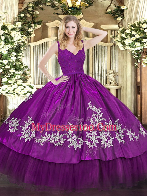 Fuchsia Sleeveless Beading and Lace and Appliques Floor Length Sweet 16 Quinceanera Dress