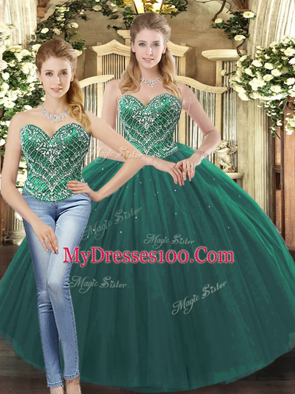 Dark Green Sleeveless Floor Length Beading Lace Up 15 Quinceanera Dress