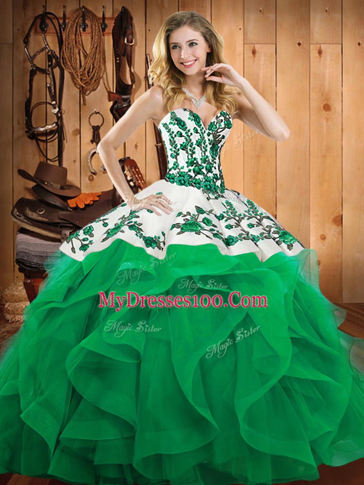 Cute Turquoise Ball Gowns Embroidery and Ruffles Sweet 16 Dress Lace Up Satin and Organza Sleeveless Floor Length