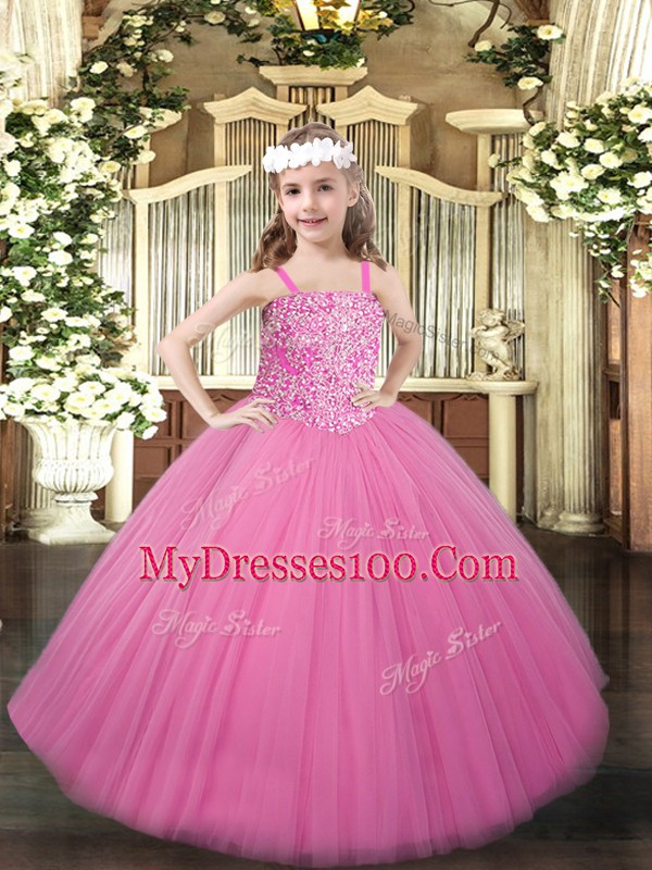Rose Pink Straps Neckline Beading Little Girls Pageant Dress Wholesale Sleeveless Lace Up
