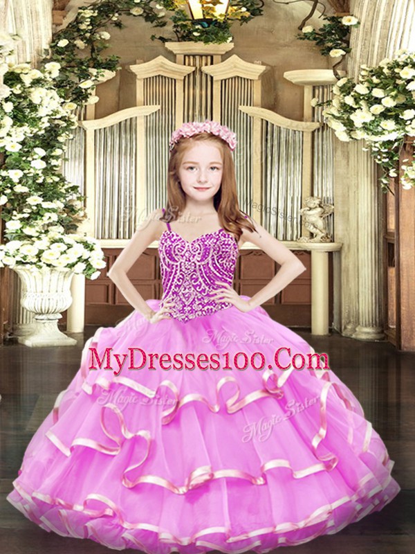 Organza Straps Sleeveless Lace Up Beading and Ruffled Layers Girls Pageant Dresses in Lilac