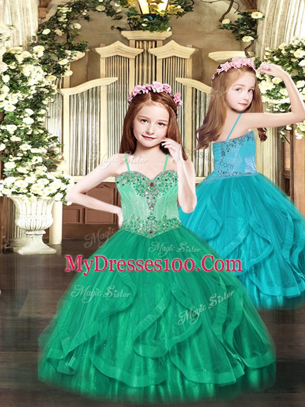 Floor Length Turquoise Kids Formal Wear Tulle Sleeveless Beading and Ruffles