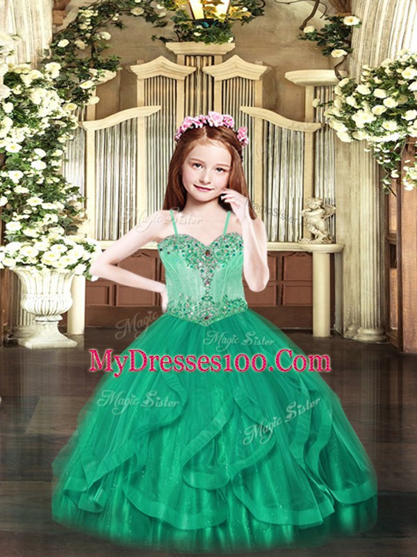 Floor Length Turquoise Kids Formal Wear Tulle Sleeveless Beading and Ruffles