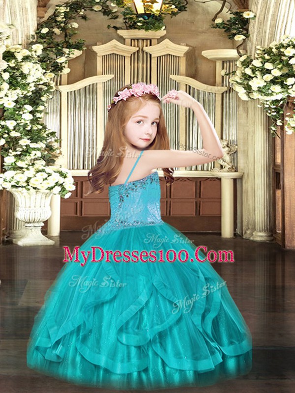 Floor Length Turquoise Kids Formal Wear Tulle Sleeveless Beading and Ruffles