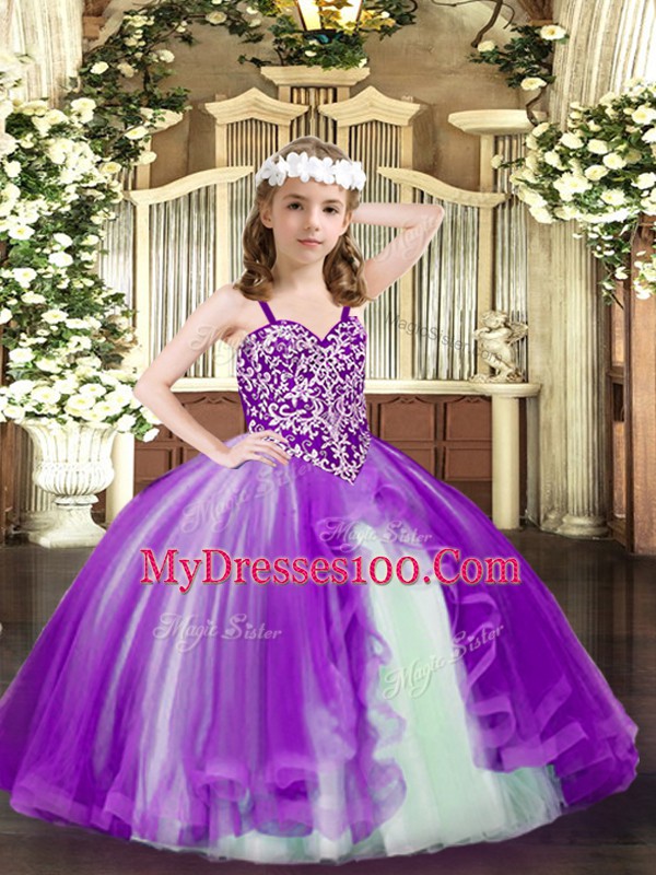 Modern Floor Length Purple Little Girls Pageant Gowns Tulle Sleeveless Beading