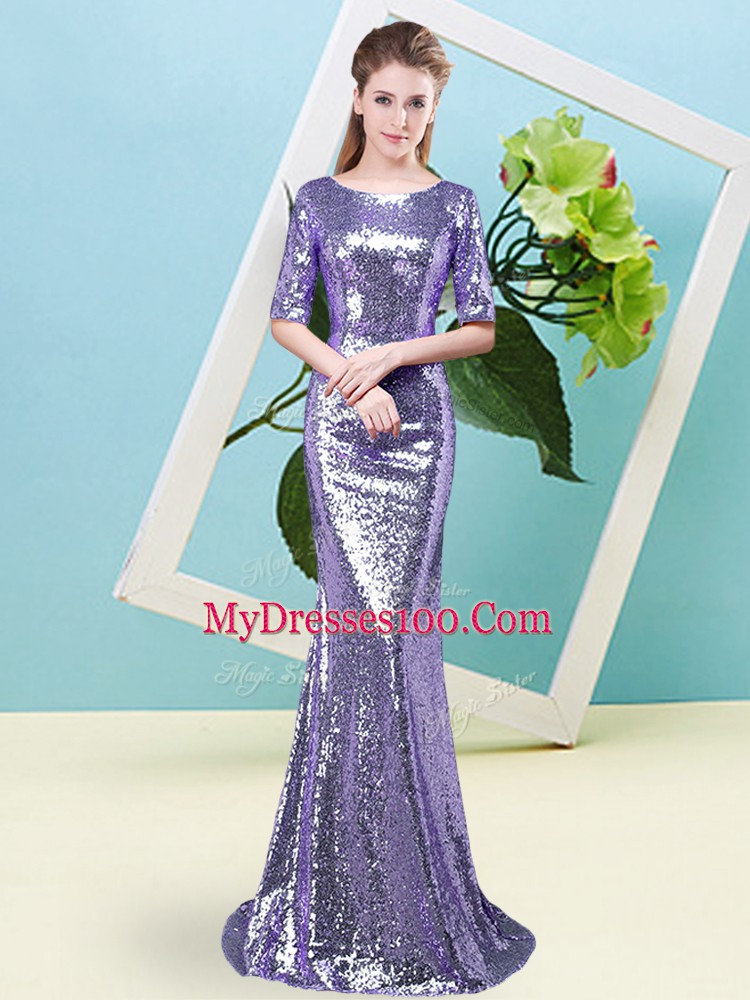 Pretty Lavender Scoop Zipper Sequins Prom Evening Gown Half Sleeves