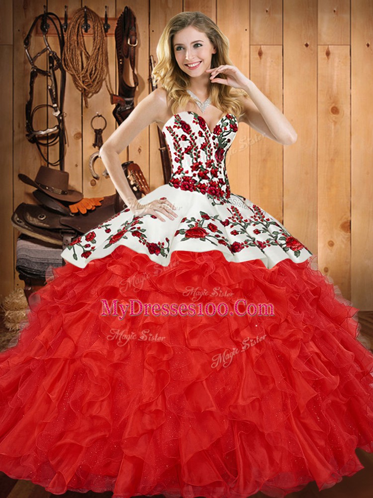Fantastic Sweetheart Sleeveless Ball Gown Prom Dress Floor Length Embroidery and Ruffles Wine Red Satin and Organza
