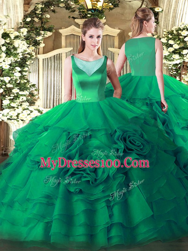 Artistic Floor Length Side Zipper Quinceanera Gown Turquoise for Sweet 16 and Quinceanera with Beading and Ruffled Layers
