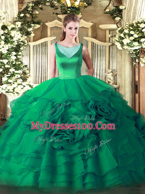 Artistic Floor Length Side Zipper Quinceanera Gown Turquoise for Sweet 16 and Quinceanera with Beading and Ruffled Layers