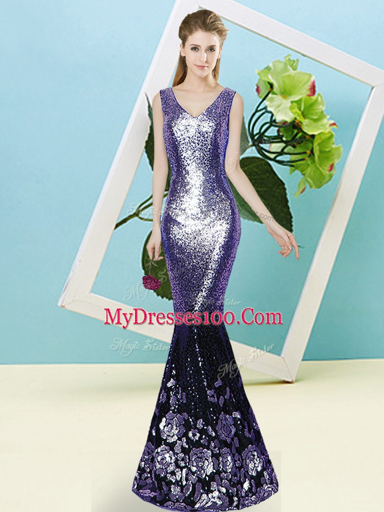 Fancy Mermaid Prom Gown Lavender V-neck Sequined Sleeveless Floor Length Zipper