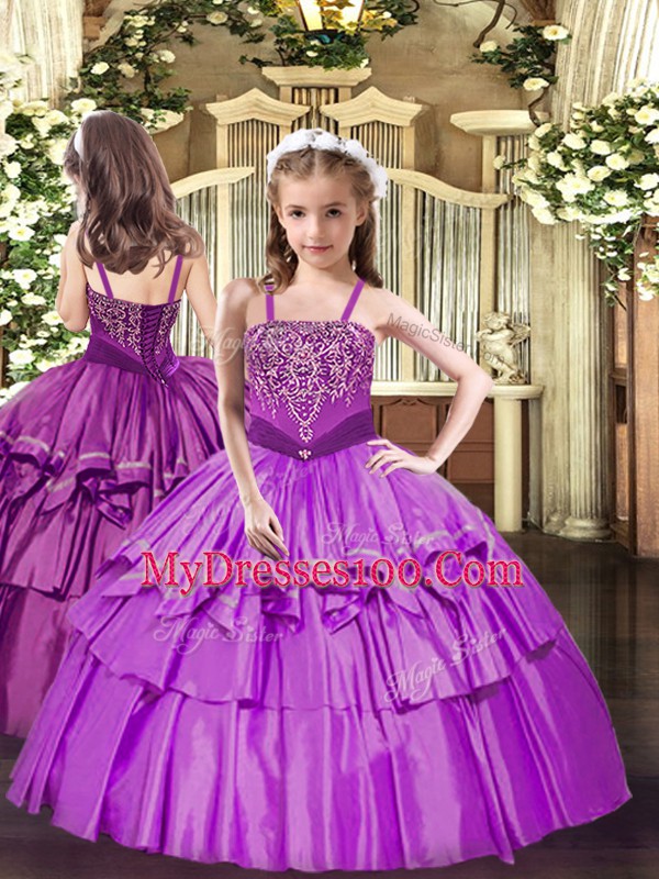 Lilac Sleeveless Floor Length Beading and Ruffled Layers Lace Up Girls Pageant Dresses