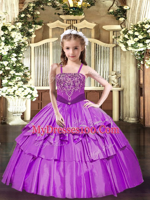Lilac Sleeveless Floor Length Beading and Ruffled Layers Lace Up Girls Pageant Dresses