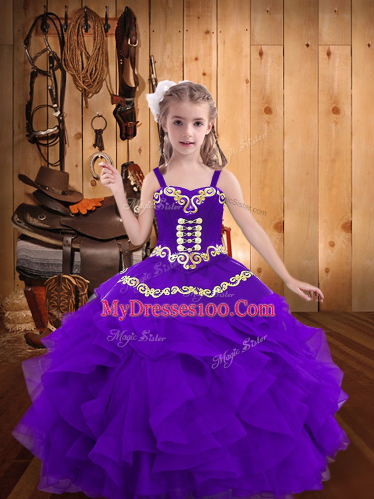 New Arrival Eggplant Purple Straps Neckline Embroidery and Ruffles Kids Pageant Dress Sleeveless Lace Up