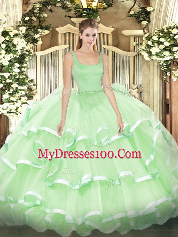 Custom Made Apple Green Straps Zipper Beading and Ruffled Layers Quinceanera Gowns Sleeveless