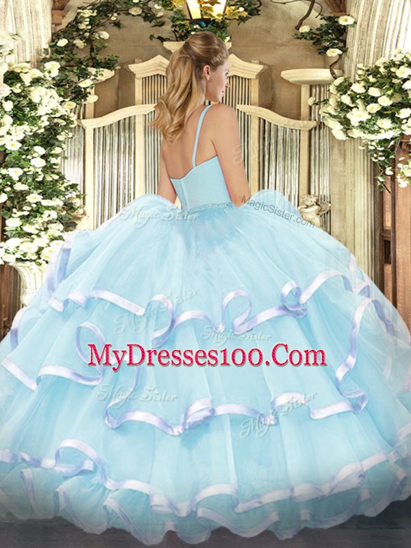 Custom Made Apple Green Straps Zipper Beading and Ruffled Layers Quinceanera Gowns Sleeveless