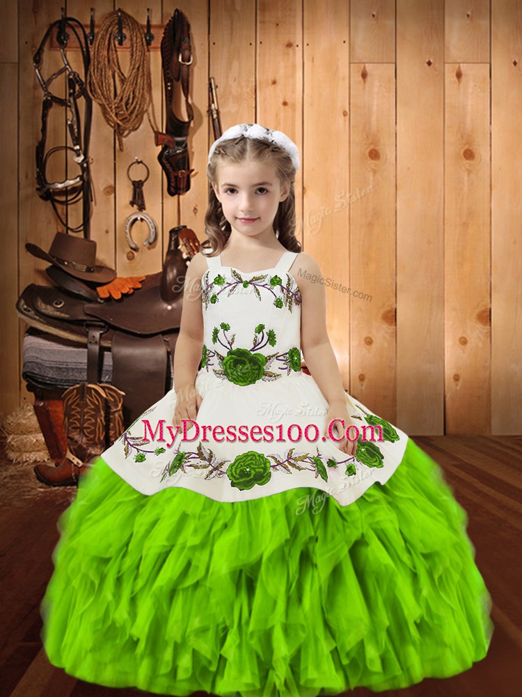Organza Sleeveless Floor Length Pageant Gowns and Embroidery and Ruffles