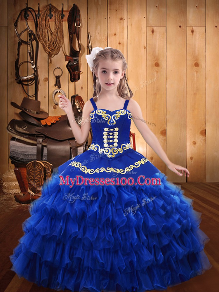 Sleeveless Chiffon Floor Length Lace Up Little Girl Pageant Dress in Royal Blue with Embroidery and Ruffled Layers