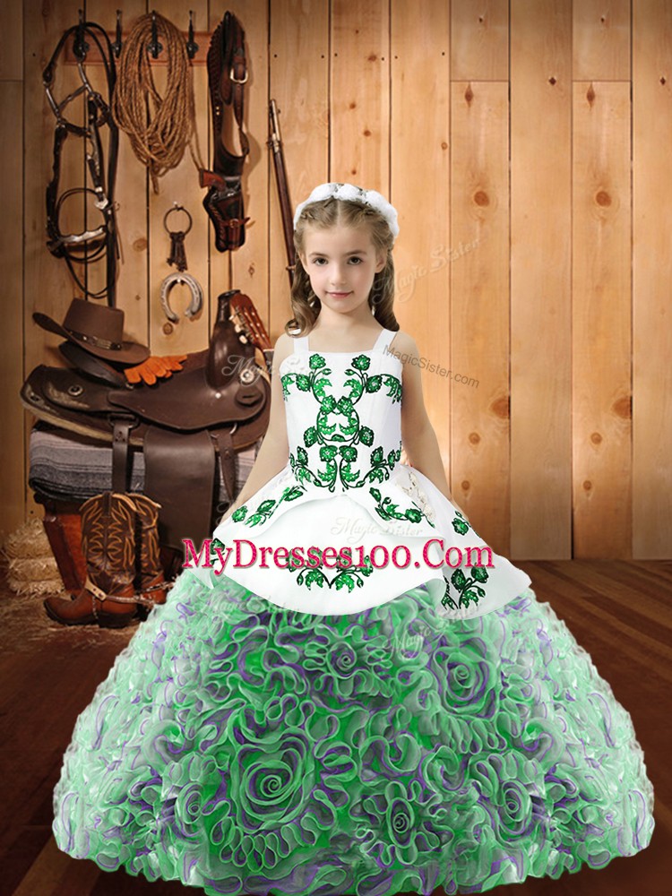 Multi-color Sleeveless Floor Length Embroidery and Ruffles Lace Up Little Girls Pageant Dress Wholesale