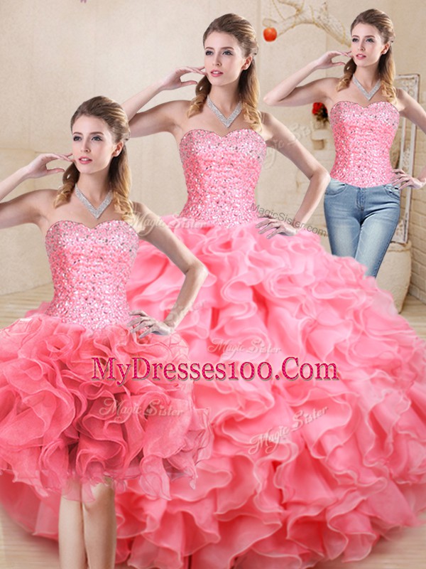 Clearance Floor Length Watermelon Red Quinceanera Gown Sweetheart Sleeveless Lace Up