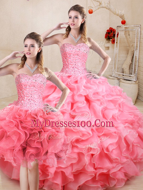 Clearance Floor Length Watermelon Red Quinceanera Gown Sweetheart Sleeveless Lace Up