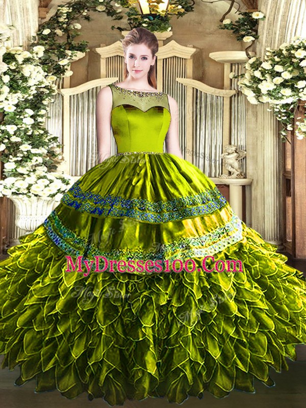 Floor Length Olive Green Quinceanera Dresses Organza and Taffeta Sleeveless Beading and Ruffles
