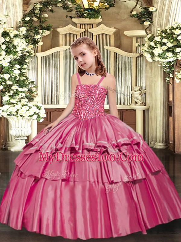 High Quality Rose Pink Straps Neckline Beading and Ruffled Layers Little Girls Pageant Dress Sleeveless Lace Up