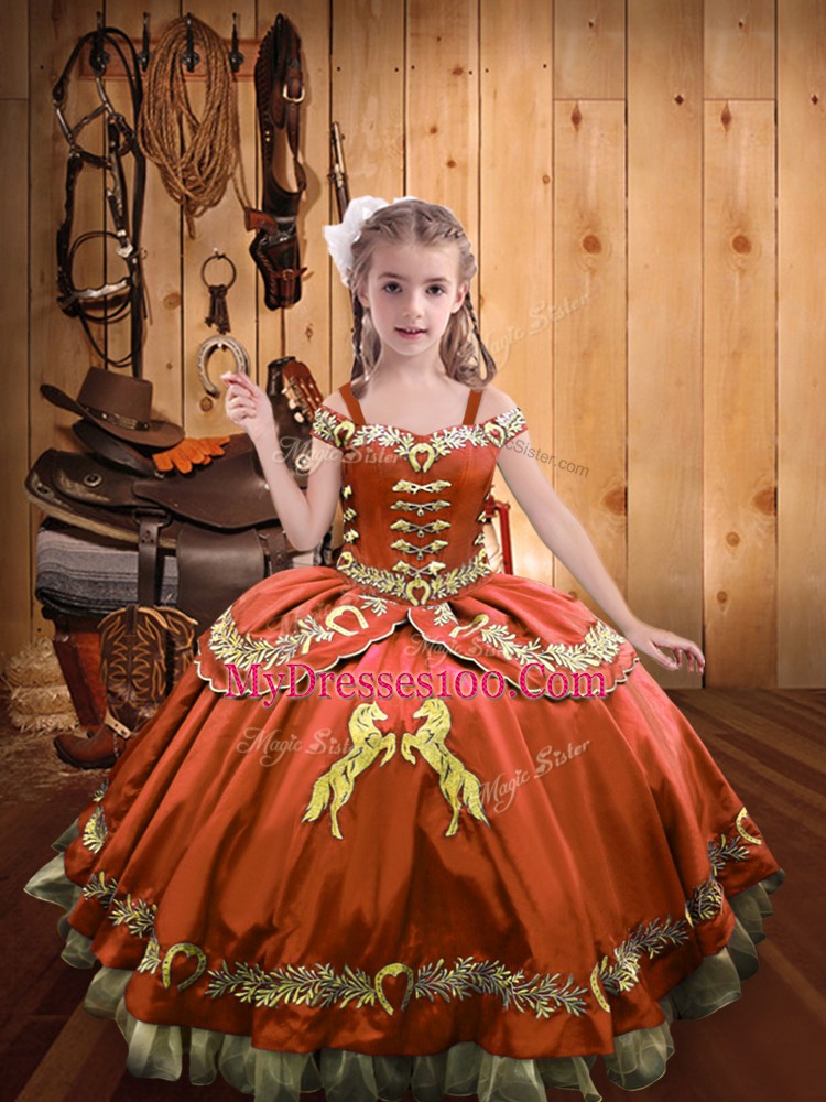 Super Sleeveless Floor Length Beading and Embroidery Lace Up Pageant Gowns For Girls with Rust Red