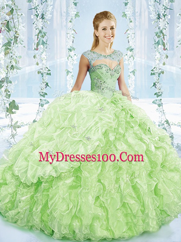 Eye-catching Sweetheart Sleeveless Organza Sweet 16 Dresses Beading and Ruffles and Pick Ups Brush Train Lace Up