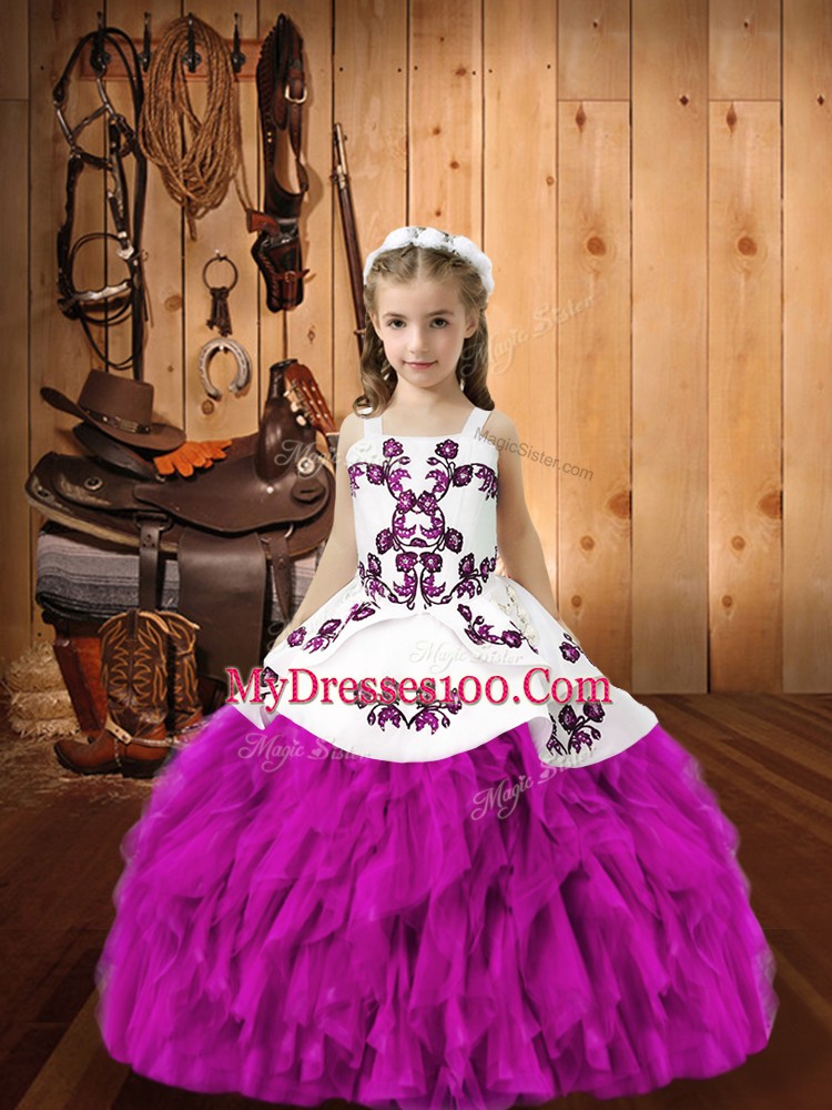 Sleeveless Floor Length Embroidery and Ruffles Lace Up Little Girl Pageant Dress with Fuchsia