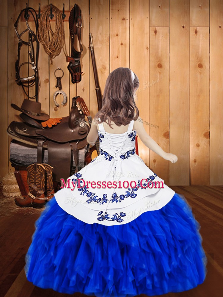 Sleeveless Floor Length Embroidery and Ruffles Lace Up Little Girl Pageant Dress with Fuchsia