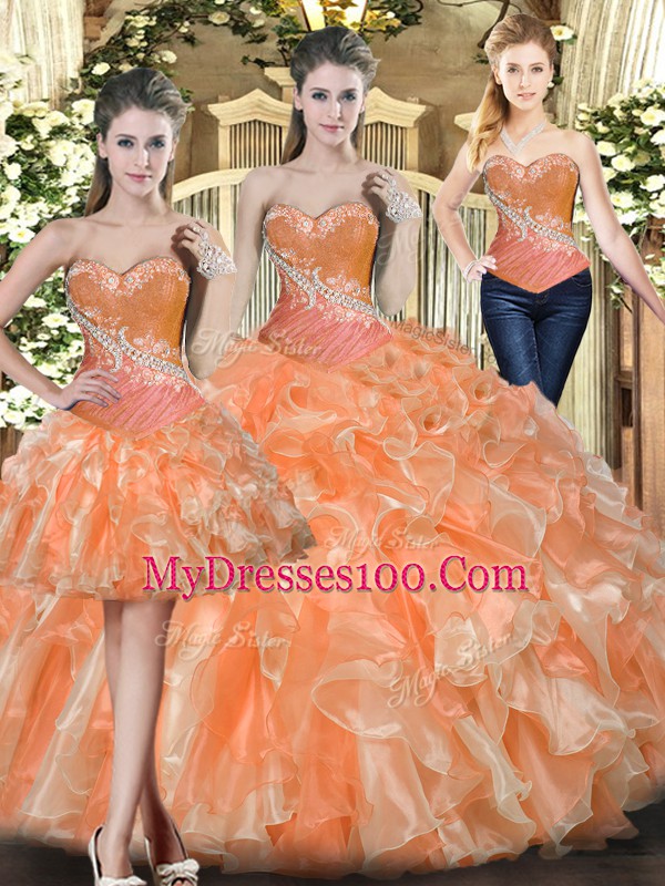 Dramatic Floor Length Ball Gowns Sleeveless Orange Red Vestidos de Quinceanera Lace Up