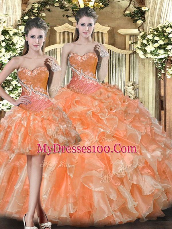 Dramatic Floor Length Ball Gowns Sleeveless Orange Red Vestidos de Quinceanera Lace Up