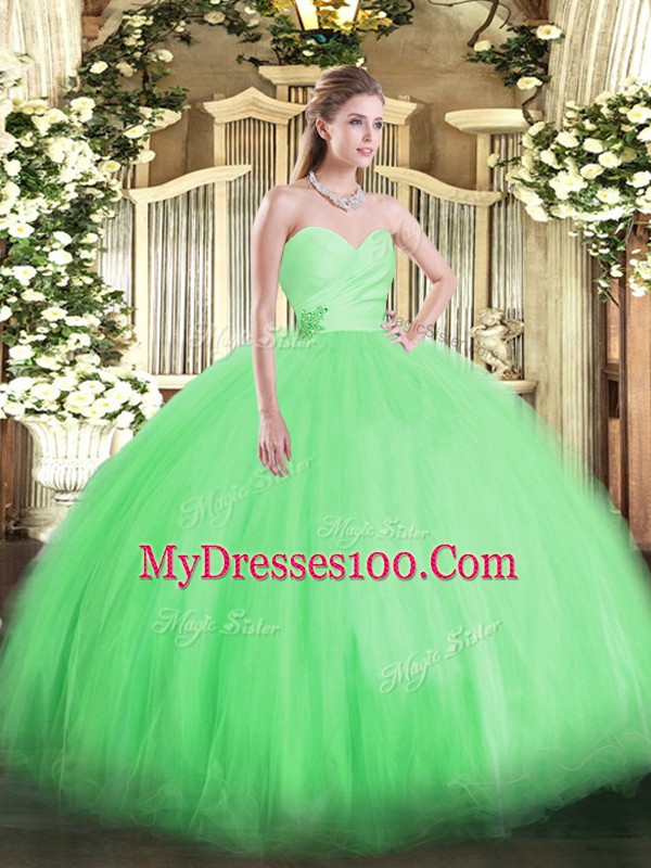 Floor Length Green Sweet 16 Dresses Tulle Sleeveless Beading